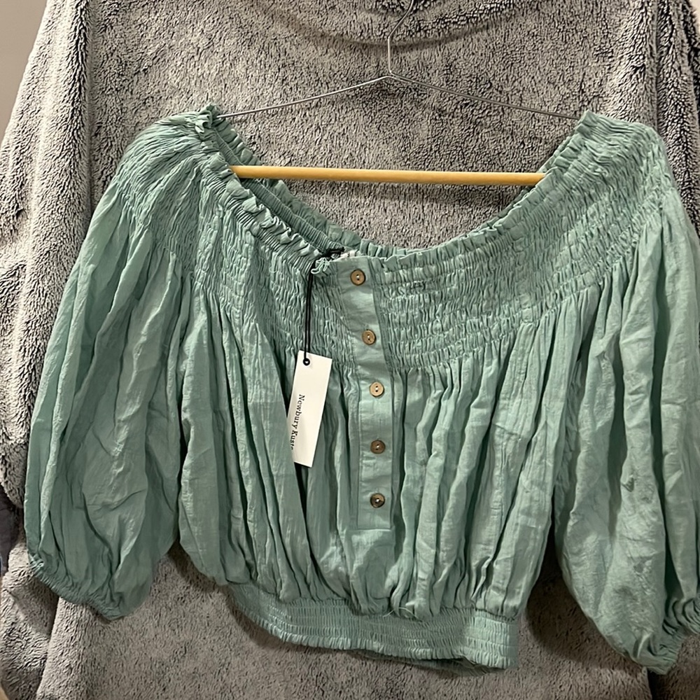 Sage, off the shoulder, crop top.  Sooo cute!